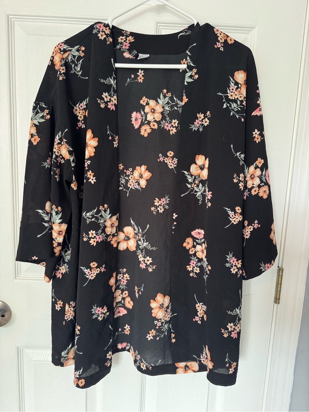 Divided Black Floral Cardigan with Peach and Pink Blooms